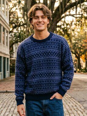 vtg 90s Peruvian Connection Pure Alpaca Blue Jacquard Pattern Crewneck Sweater